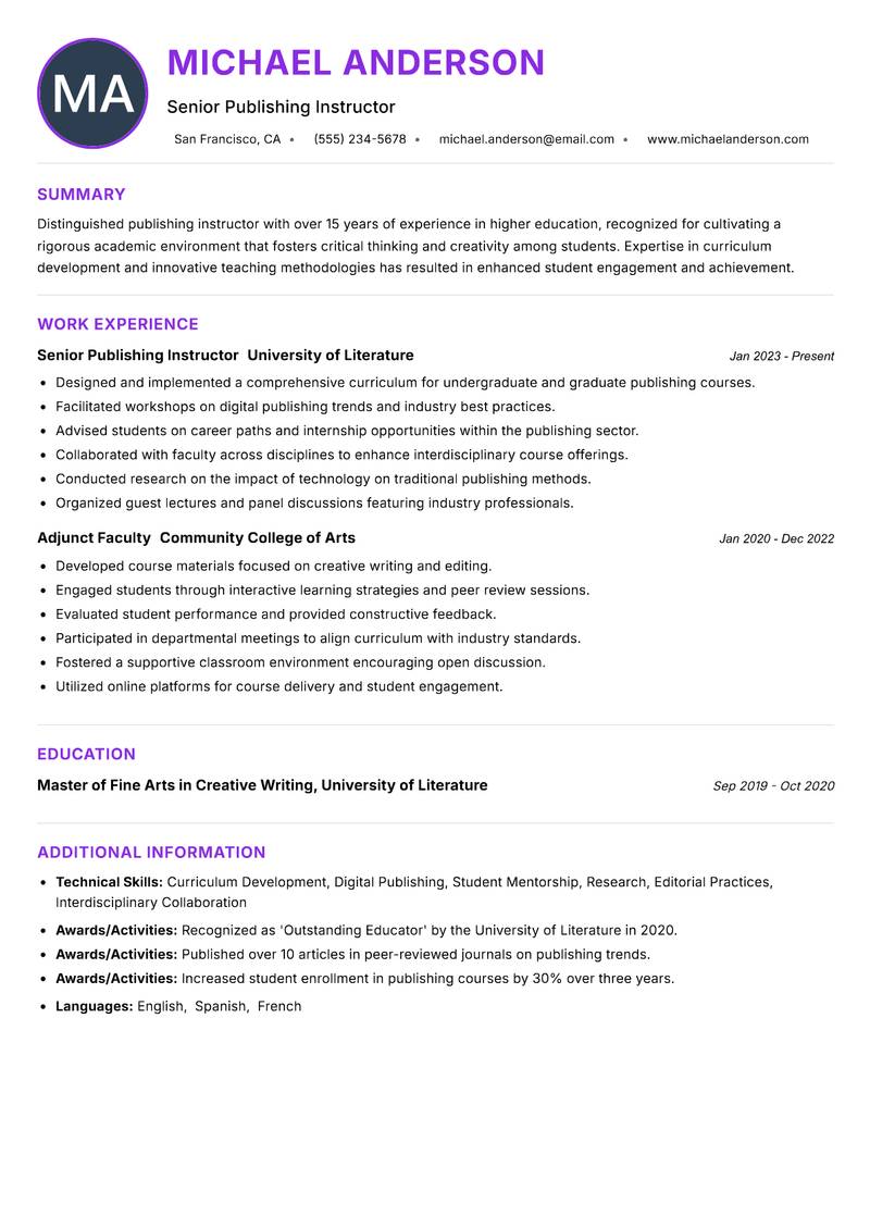Publishing Instructor resume example — ATS-friendly template
