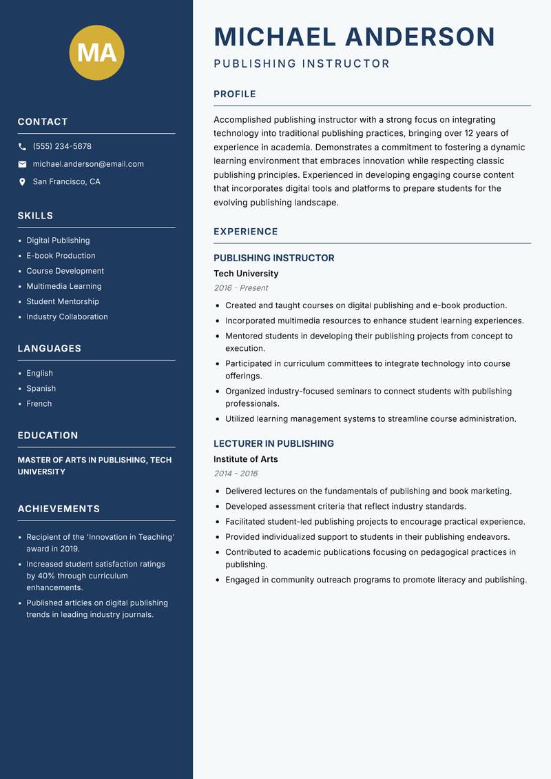 Publishing Instructor resume template — Classic Clean