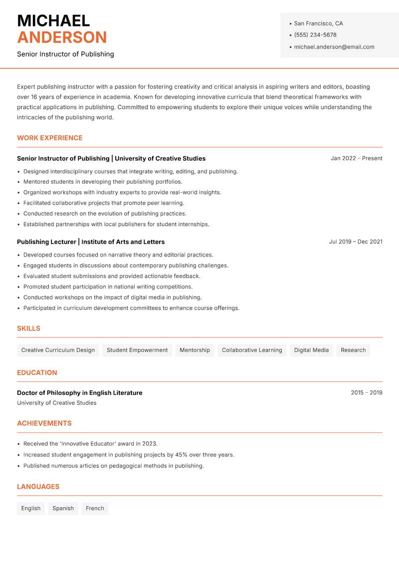 Publishing Instructor resume template — Modern Professional