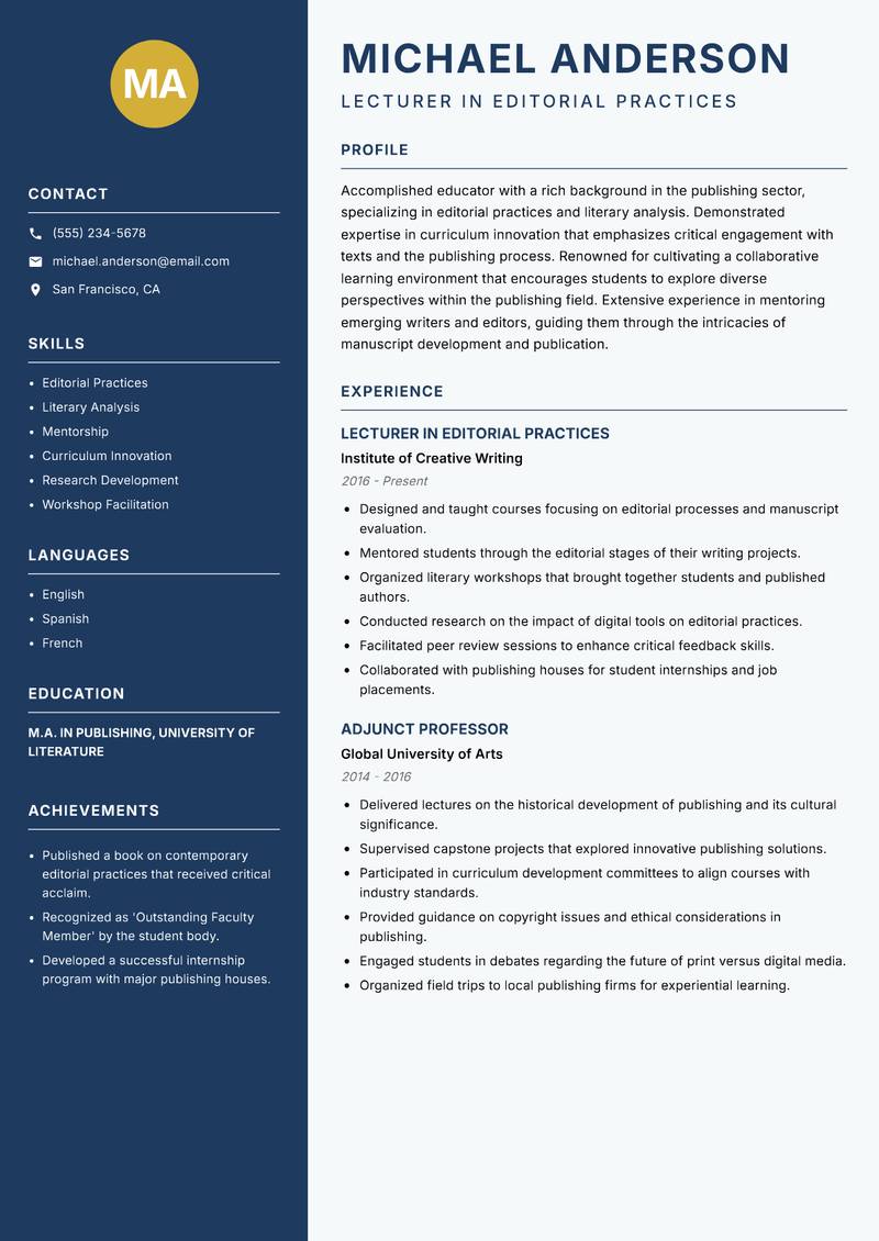 Publishing Lecturer resume template — Classic Clean