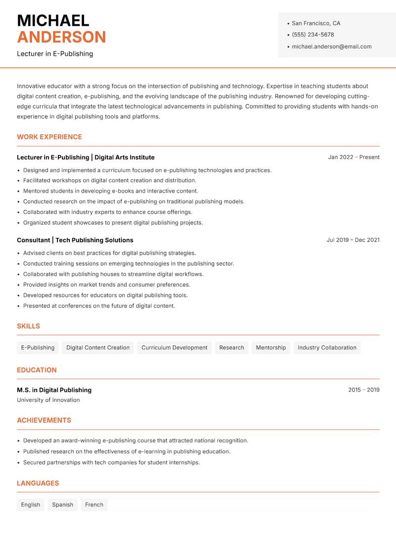 Publishing Lecturer resume template — Modern Professional