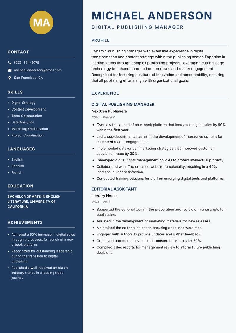 Publishing Manager resume template — Classic Clean