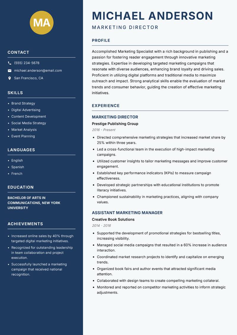 Publishing Marketing Specialist resume template — Classic Clean