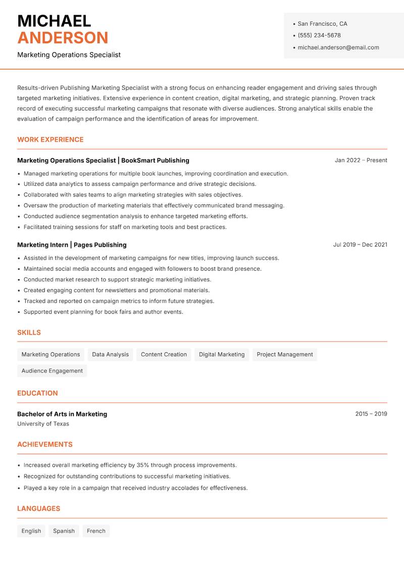 Publishing Marketing Specialist resume template — Modern Professional