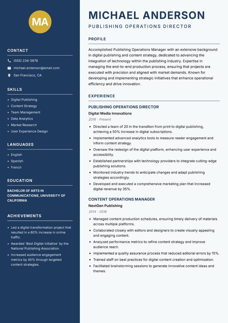 Publishing Operations Manager resume template — Classic Clean
