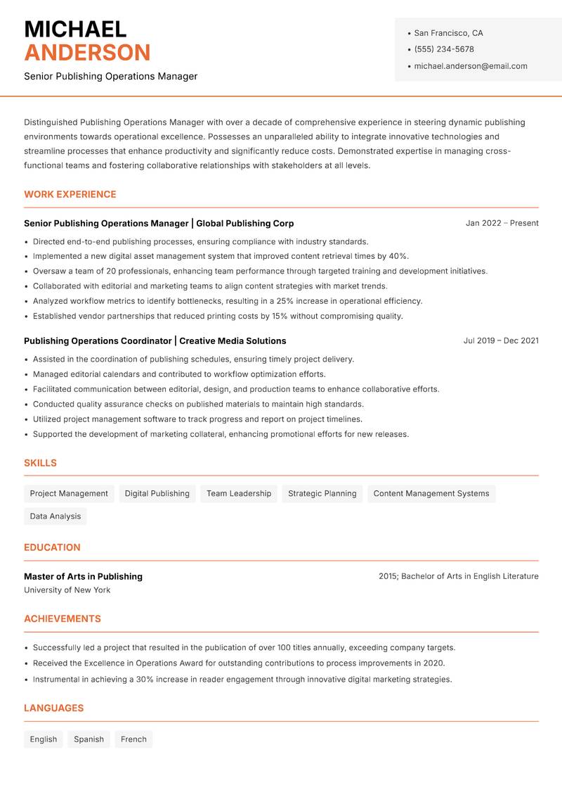 Publishing Operations Manager resume template — Modern Professional
