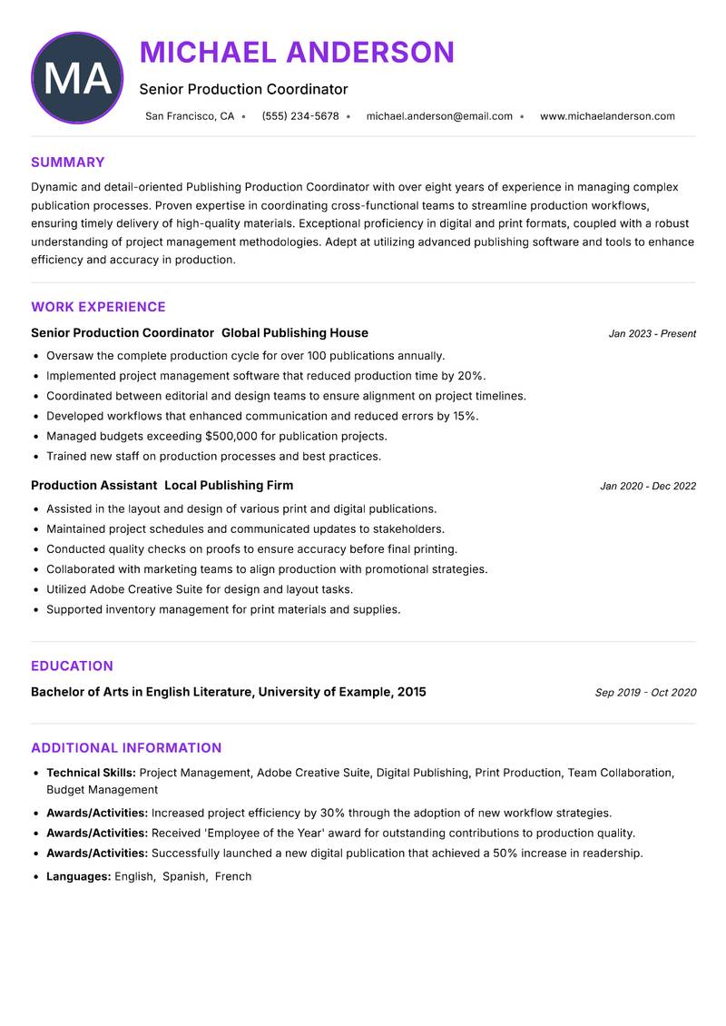 Publishing Production Coordinator resume example — ATS-friendly template