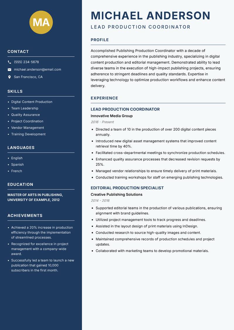 Publishing Production Coordinator resume template — Classic Clean