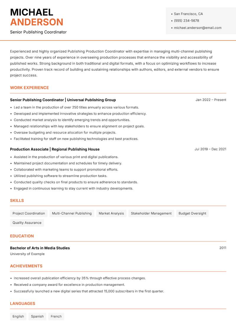 Publishing Production Coordinator resume template — Modern Professional