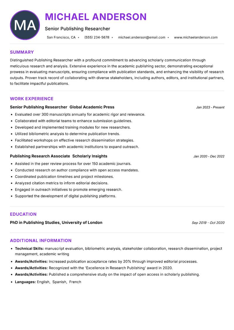 Publishing Researcher resume example — ATS-friendly template