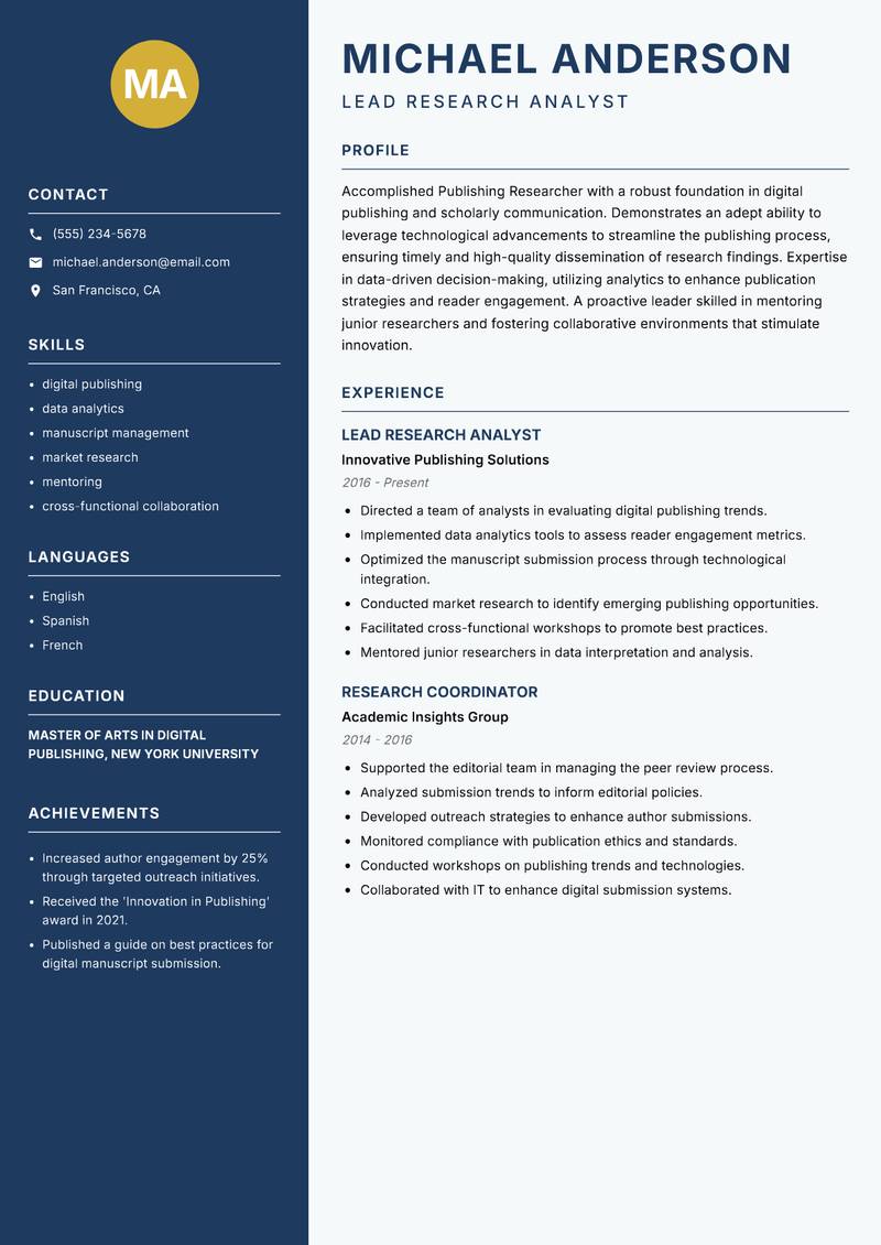 Publishing Researcher resume template — Classic Clean