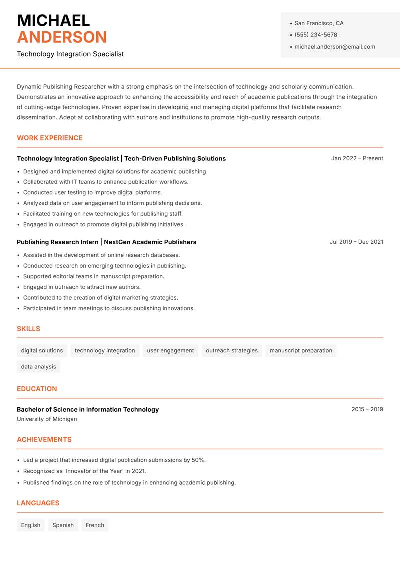 Publishing Researcher resume template — Modern Professional