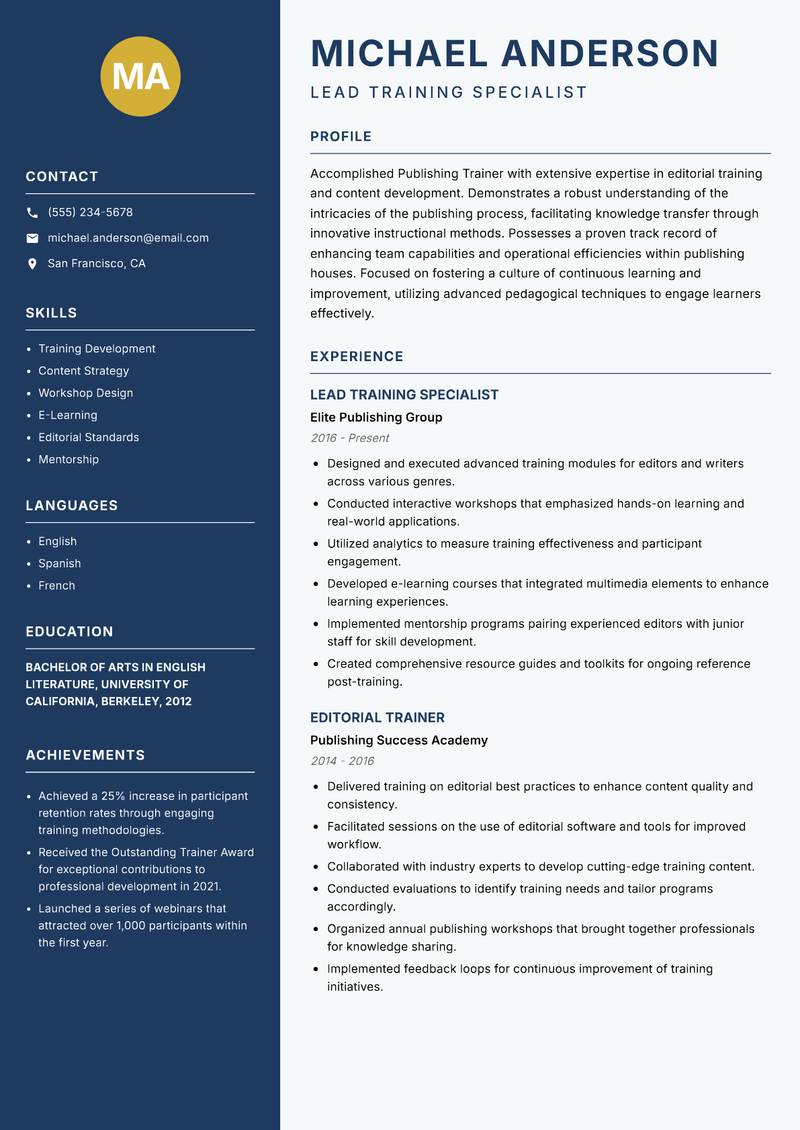 Publishing Trainer resume template — Classic Clean