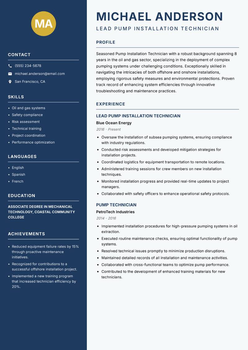 Pump Installation Technician resume template — Classic Clean