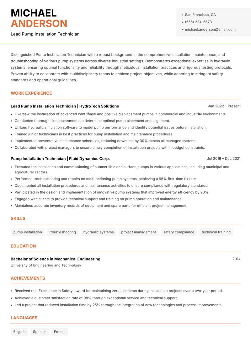 Pump Installation Technician resume template — Modern Professional