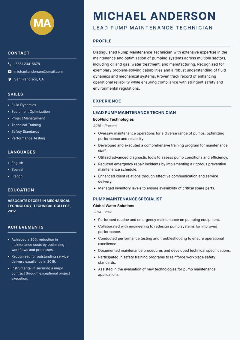 Pump Maintenance Technician resume template — Classic Clean