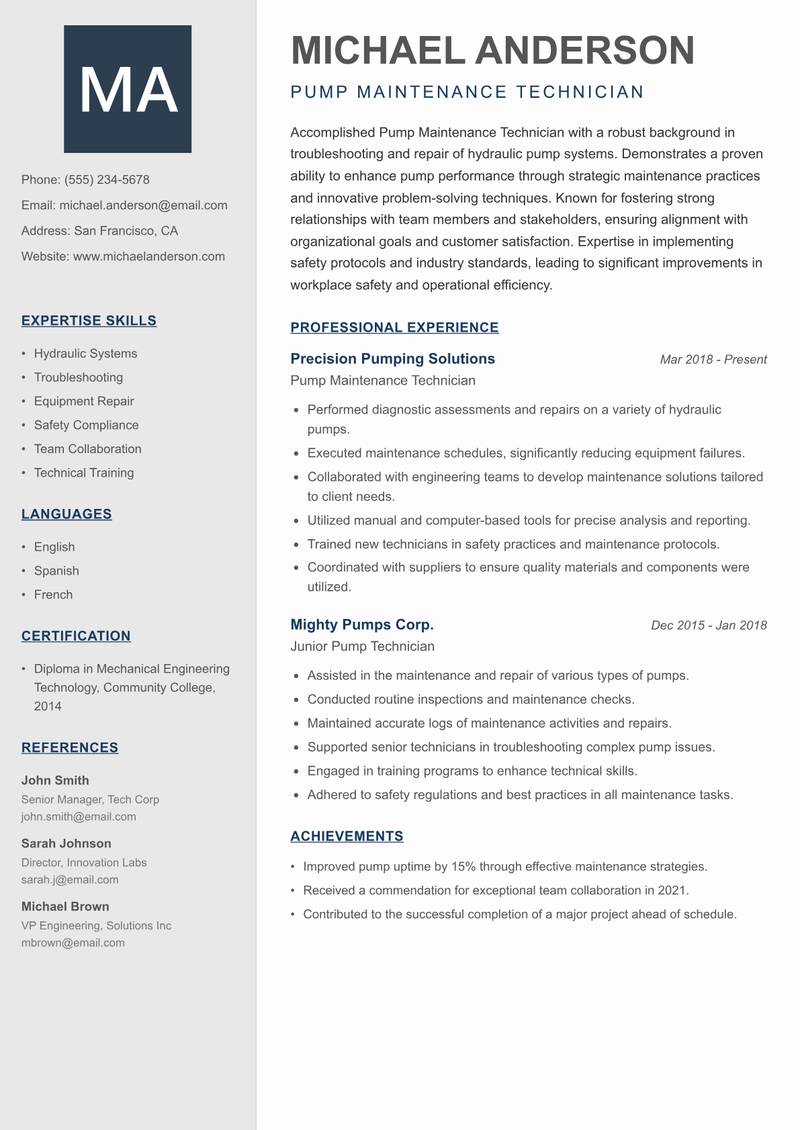 Pump Maintenance Technician resume template — Creative Minimal