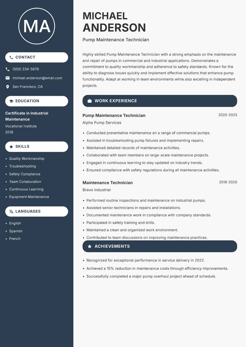 Pump Maintenance Technician resume template — Compact