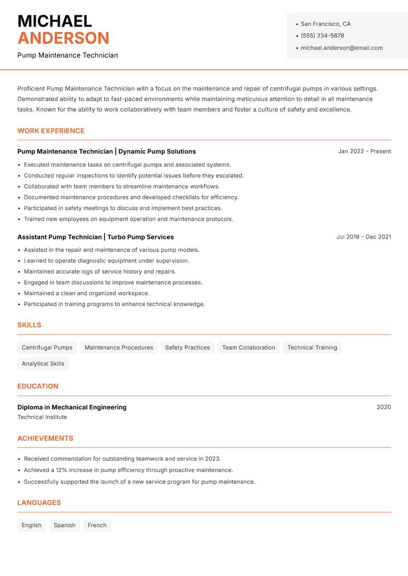 Pump Maintenance Technician resume template — Modern Professional