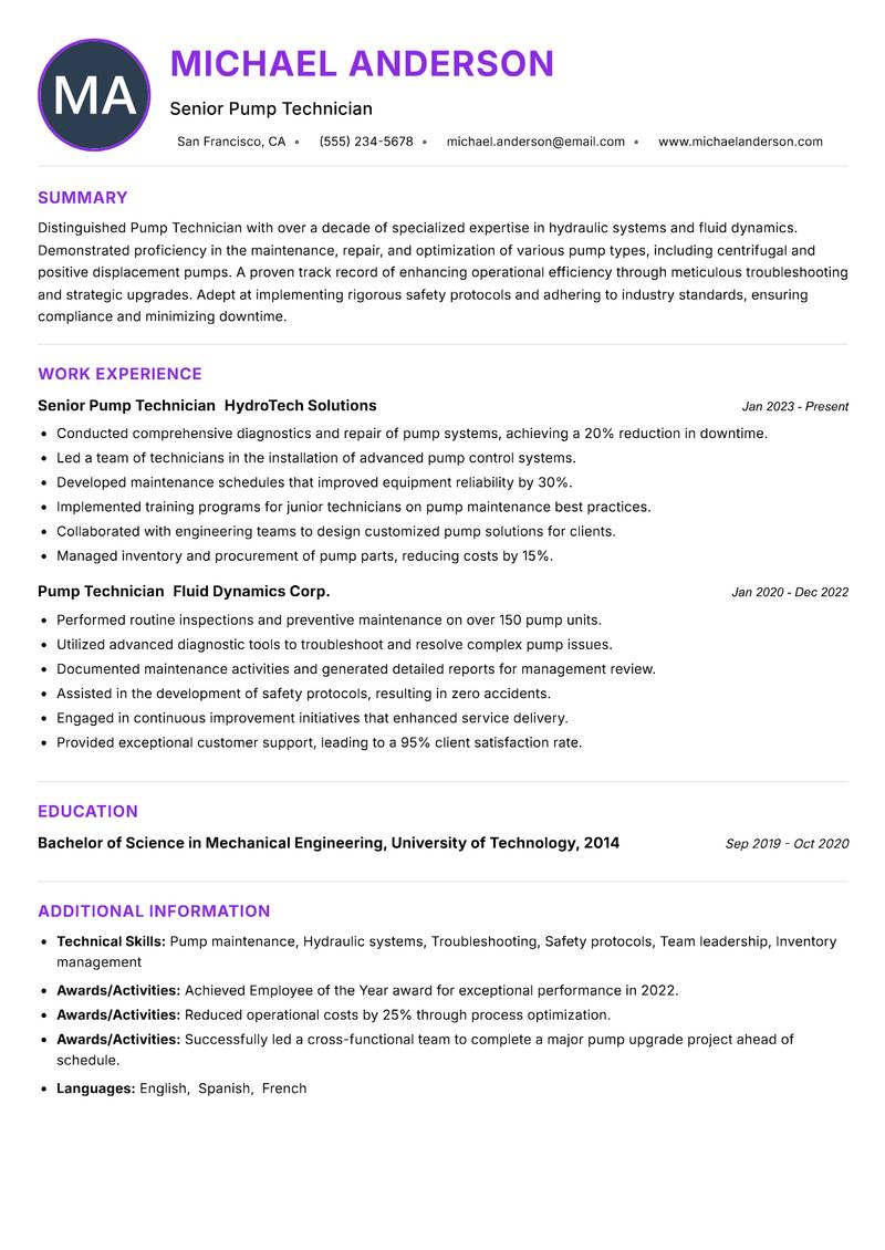 Pump Technician resume example — ATS-friendly template