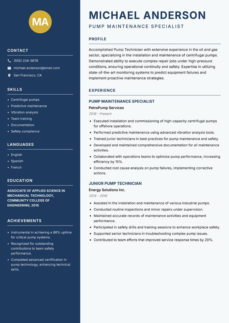 Pump Technician resume template — Classic Clean