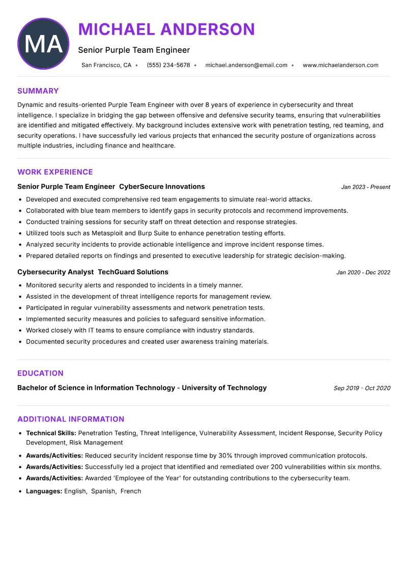 Purple Team Engineer resume example — ATS-friendly template