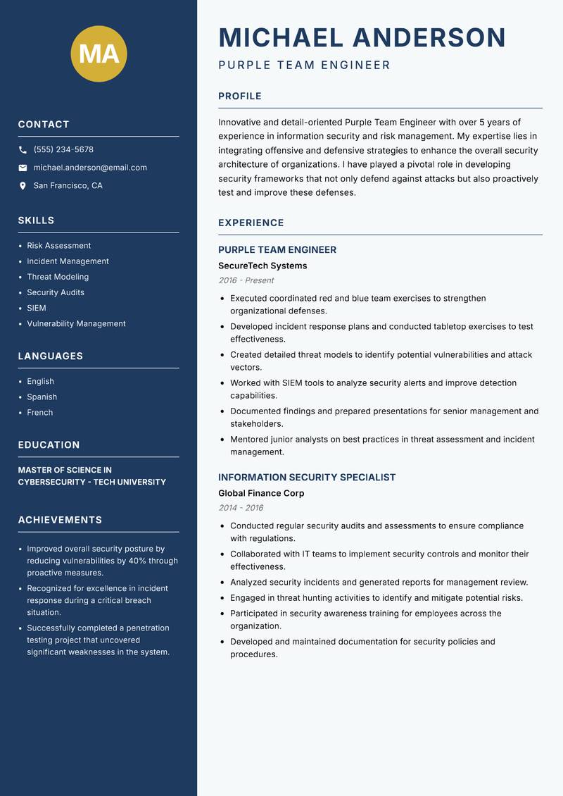 Purple Team Engineer resume template — Classic Clean