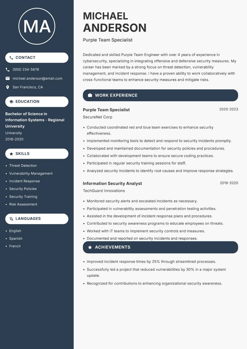 Purple Team Engineer resume template — Compact