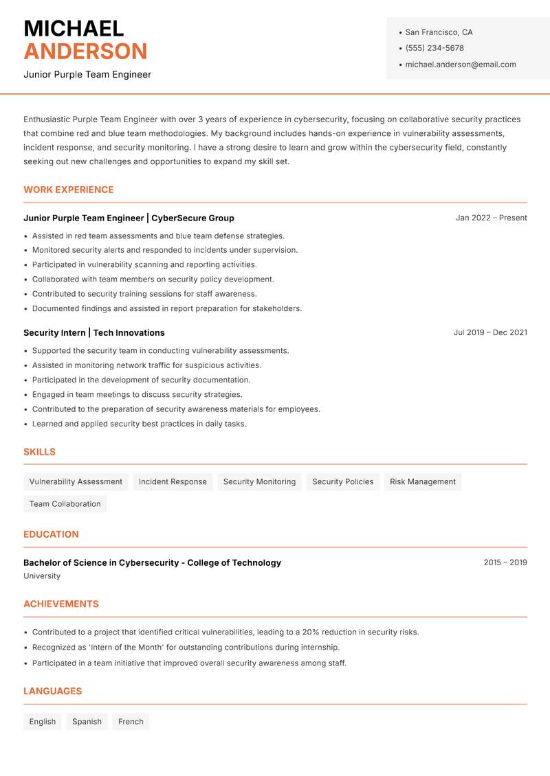 Purple Team Engineer resume template — Modern Professional