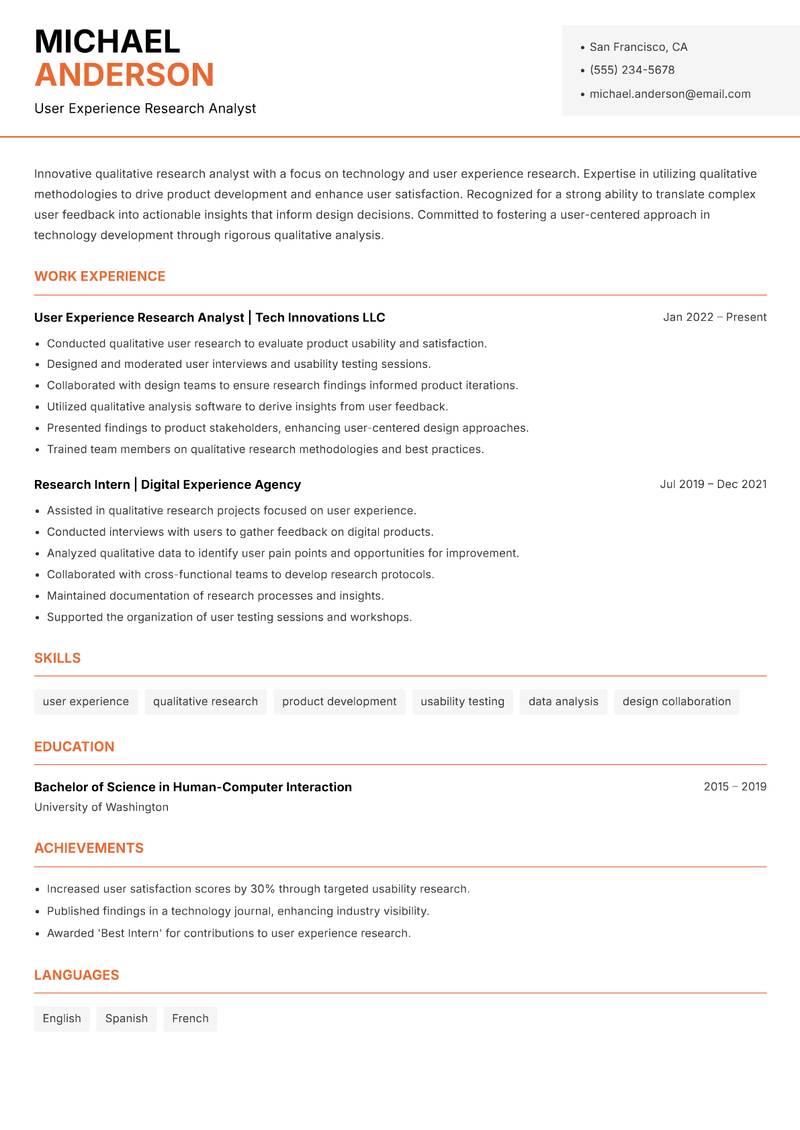 Qualitative Research Analyst resume template — Modern Professional