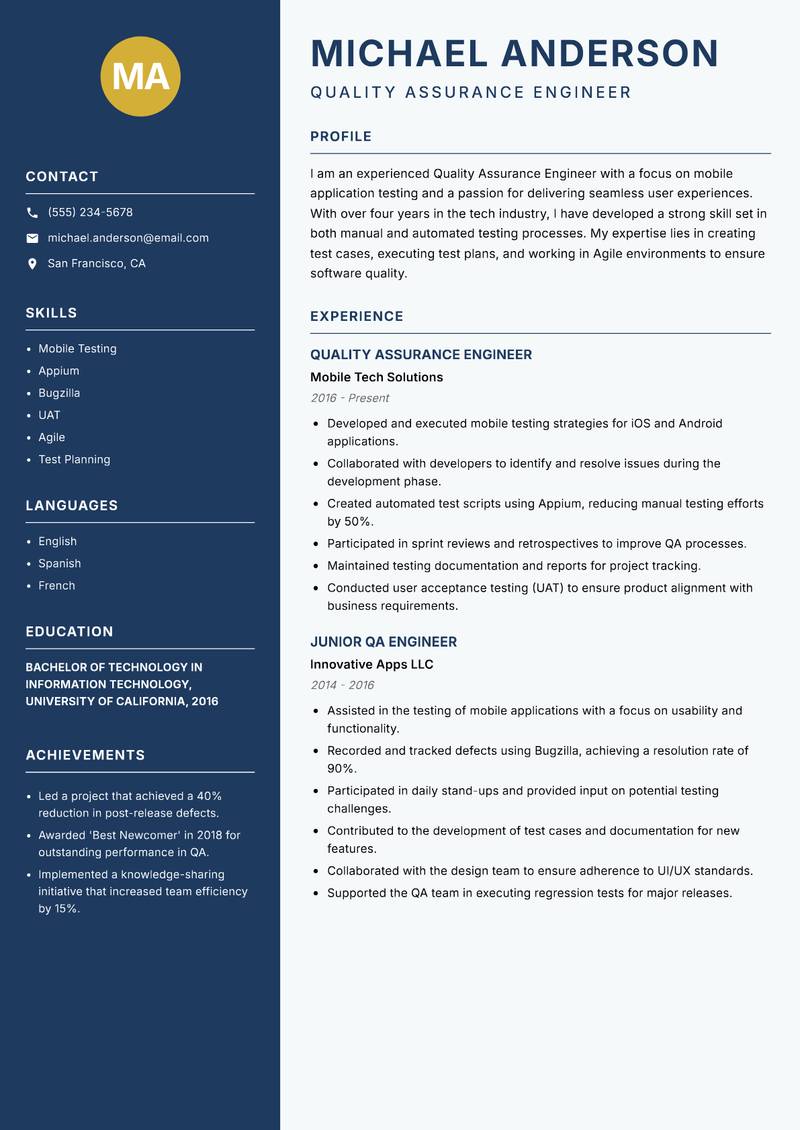 Quality Assurance Engineer resume template — Classic Clean