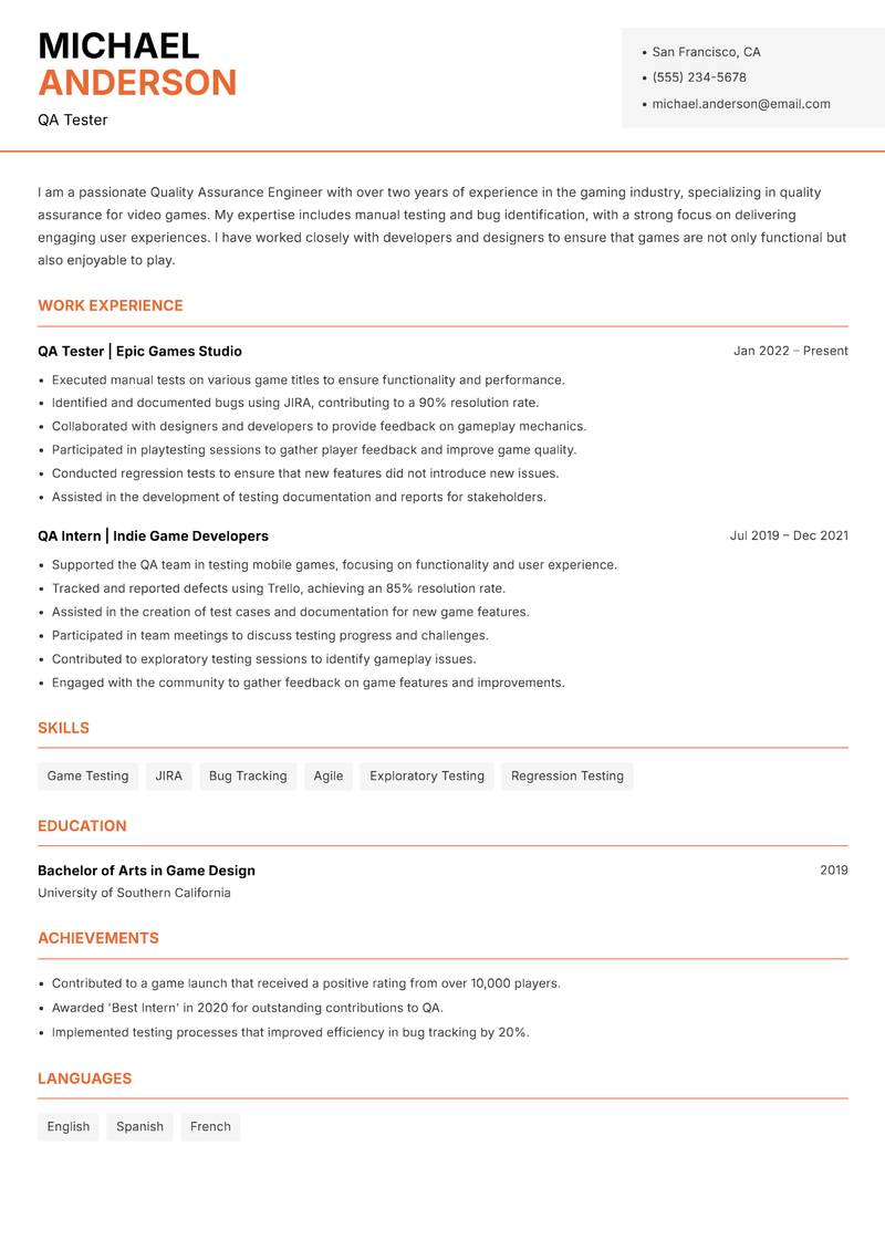 Quality Assurance Engineer resume template — Modern Professional