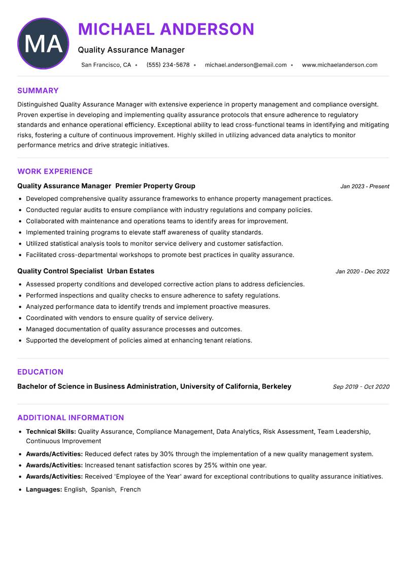 Quality Assurance Manager Property resume example — ATS-friendly template