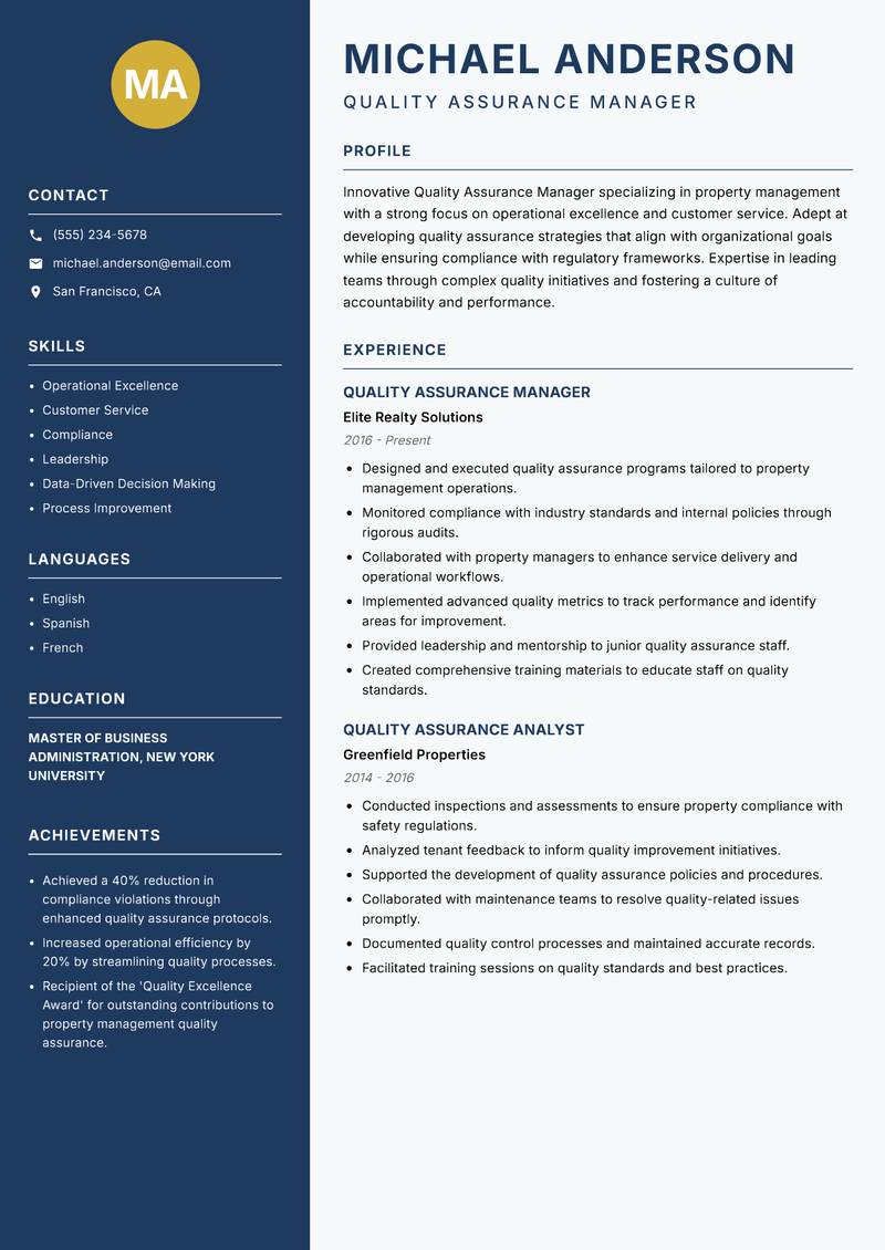 Quality Assurance Manager Property resume template — Classic Clean