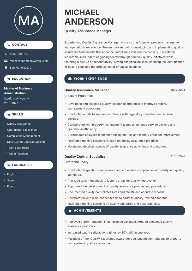Quality Assurance Manager Property resume template — Compact