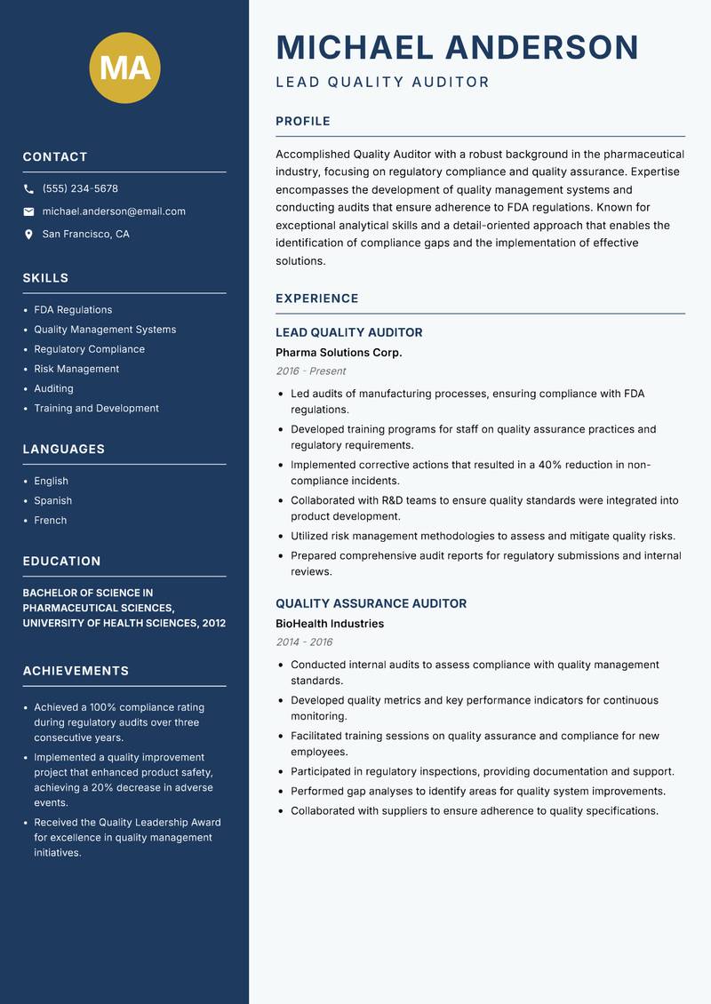 Quality Auditor resume template — Classic Clean
