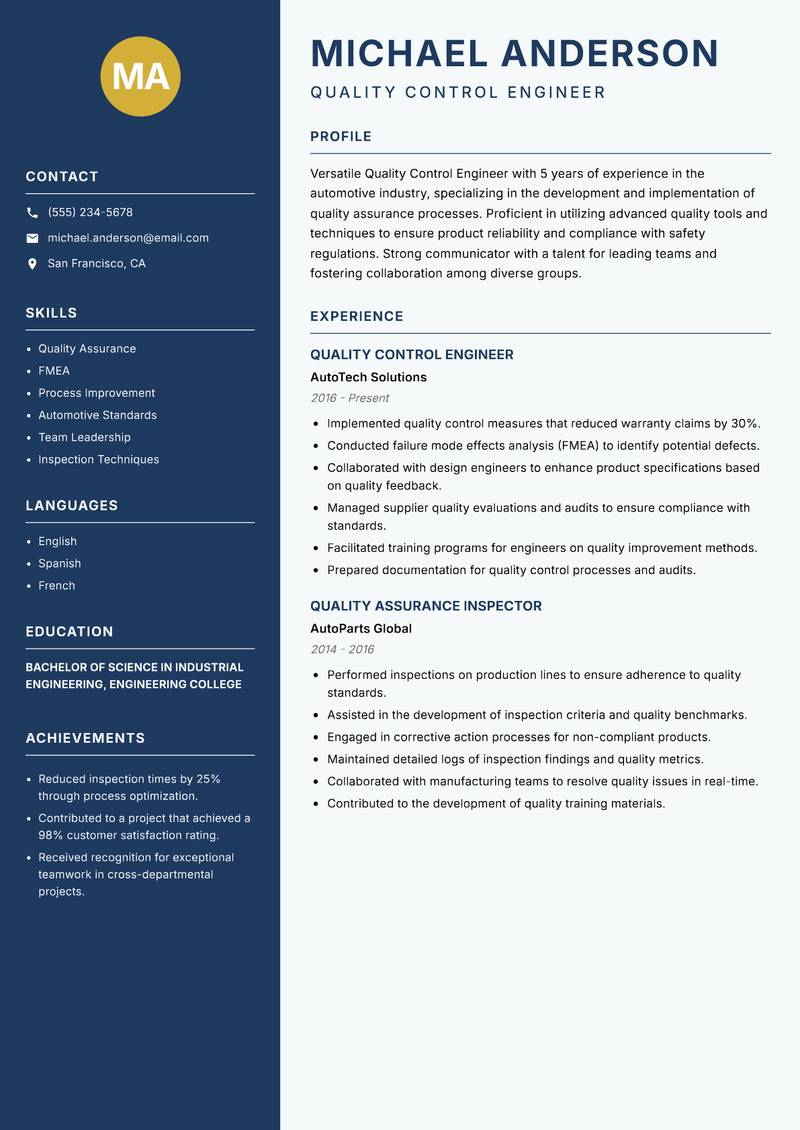Quality Control Engineer resume template — Classic Clean