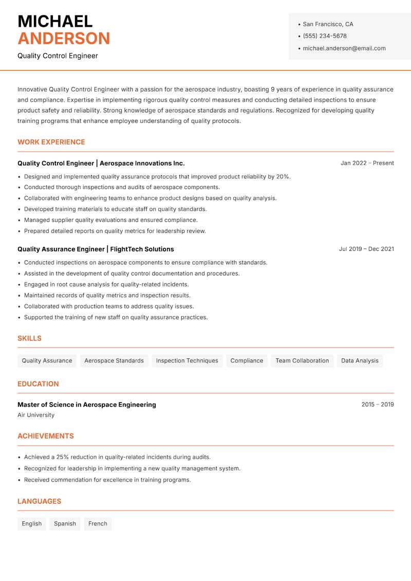 Quality Control Engineer resume template — Modern Professional