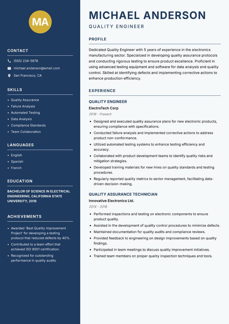 Quality Engineer resume template — Classic Clean