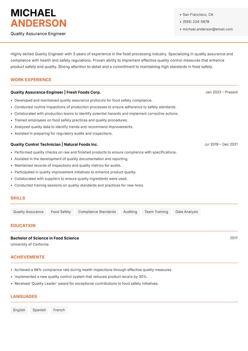 Quality Engineer resume template — Modern Professional