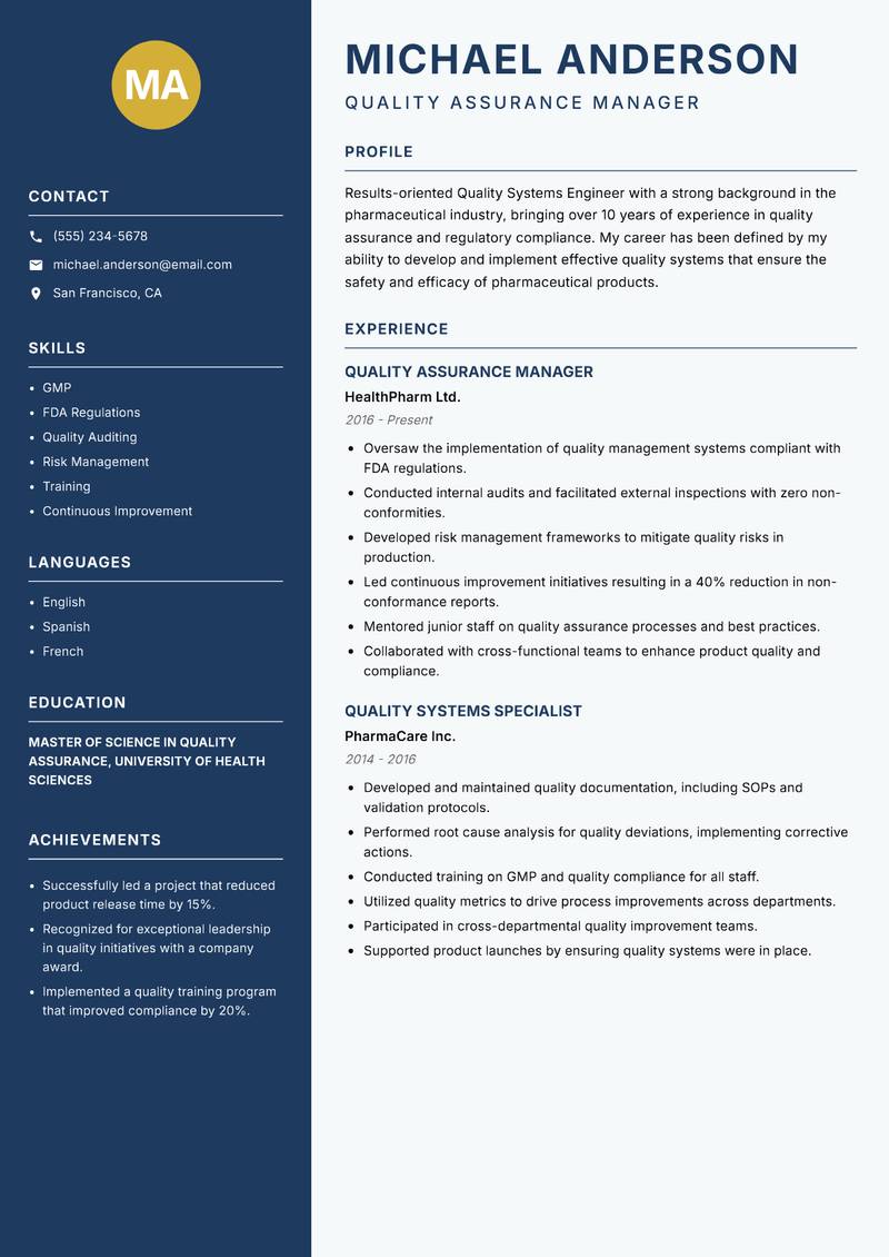 Quality Systems Engineer resume template — Classic Clean