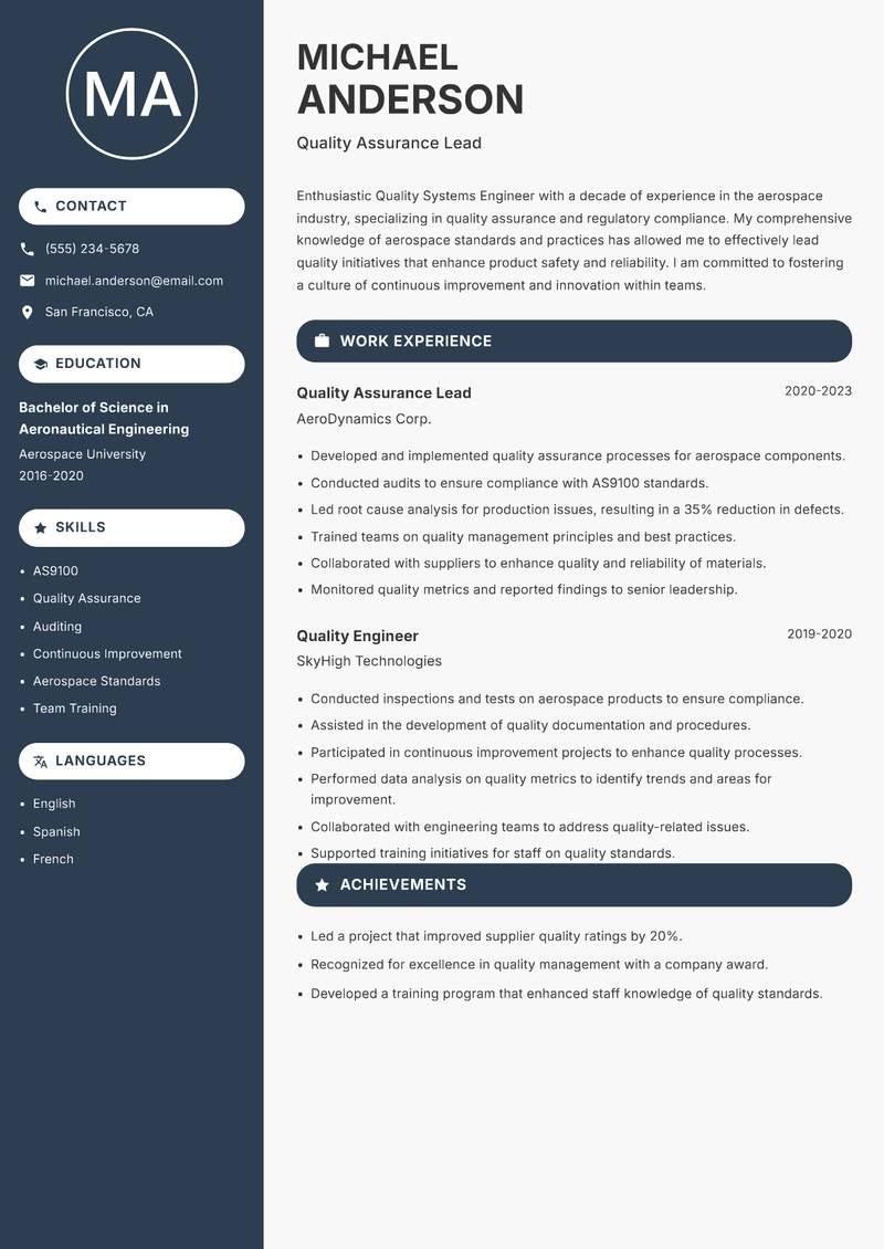 Quality Systems Engineer resume template — Compact