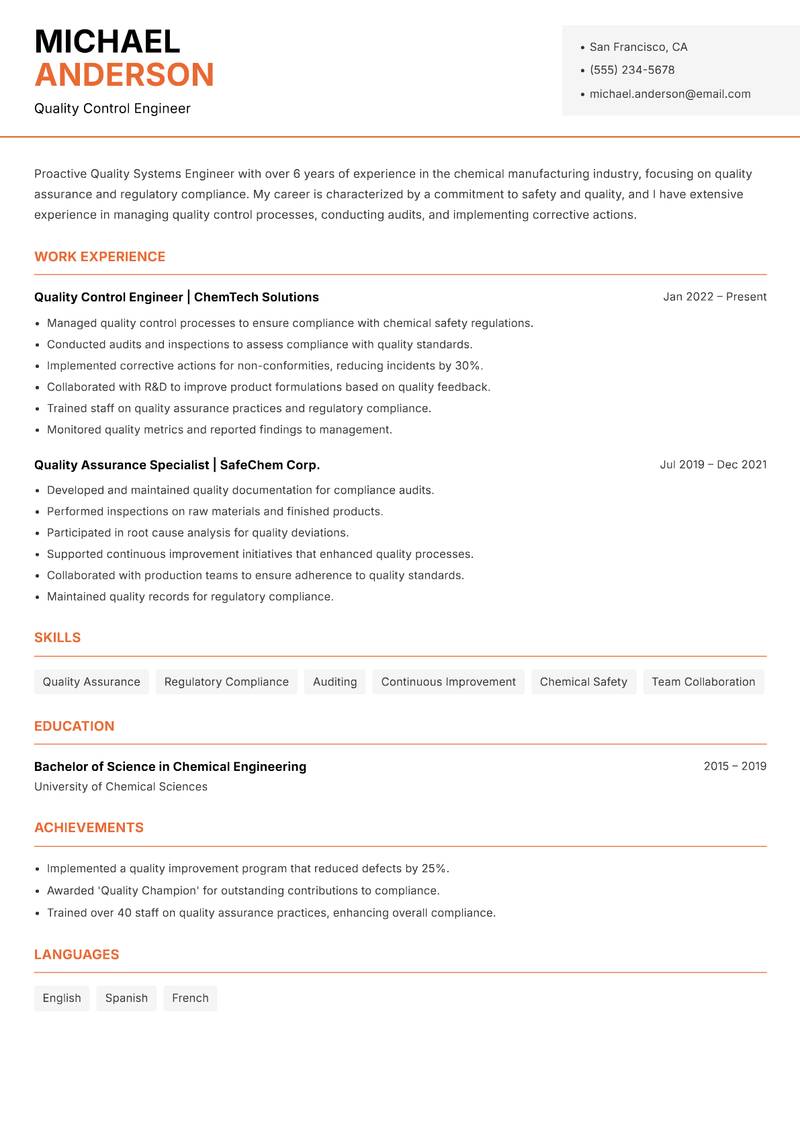 Quality Systems Engineer resume template — Modern Professional