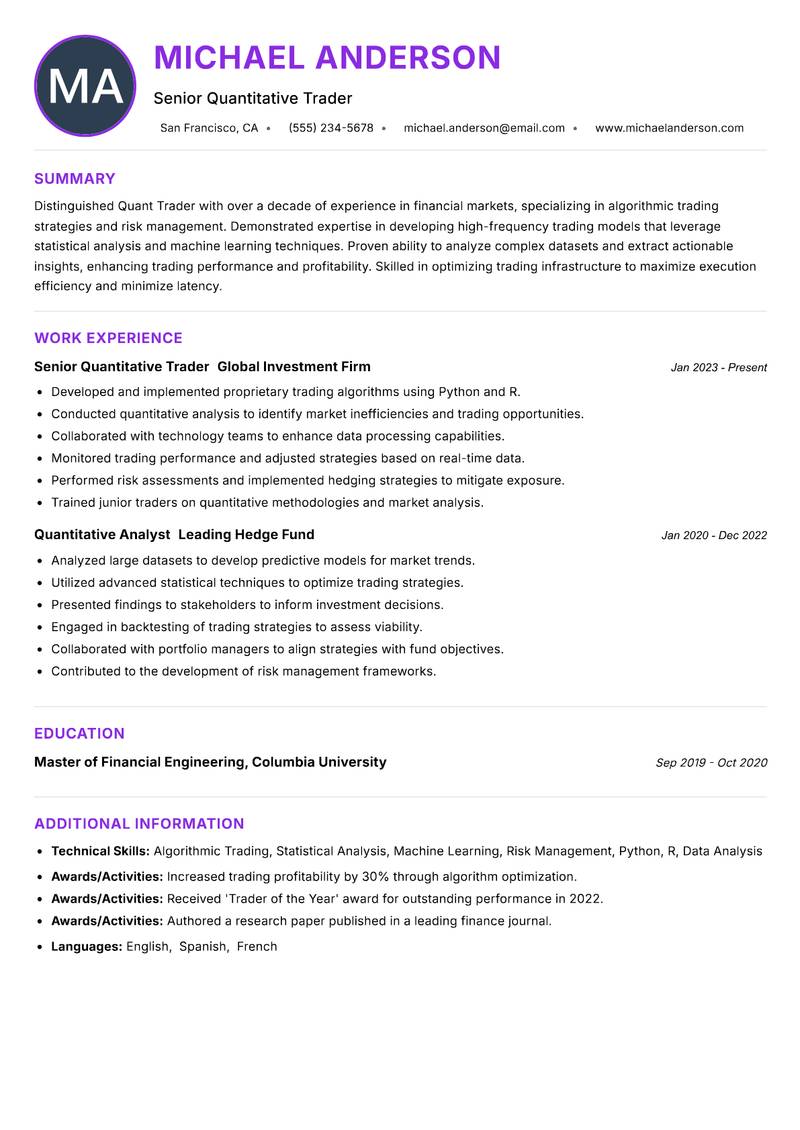 Quant Trader resume example — ATS-friendly template