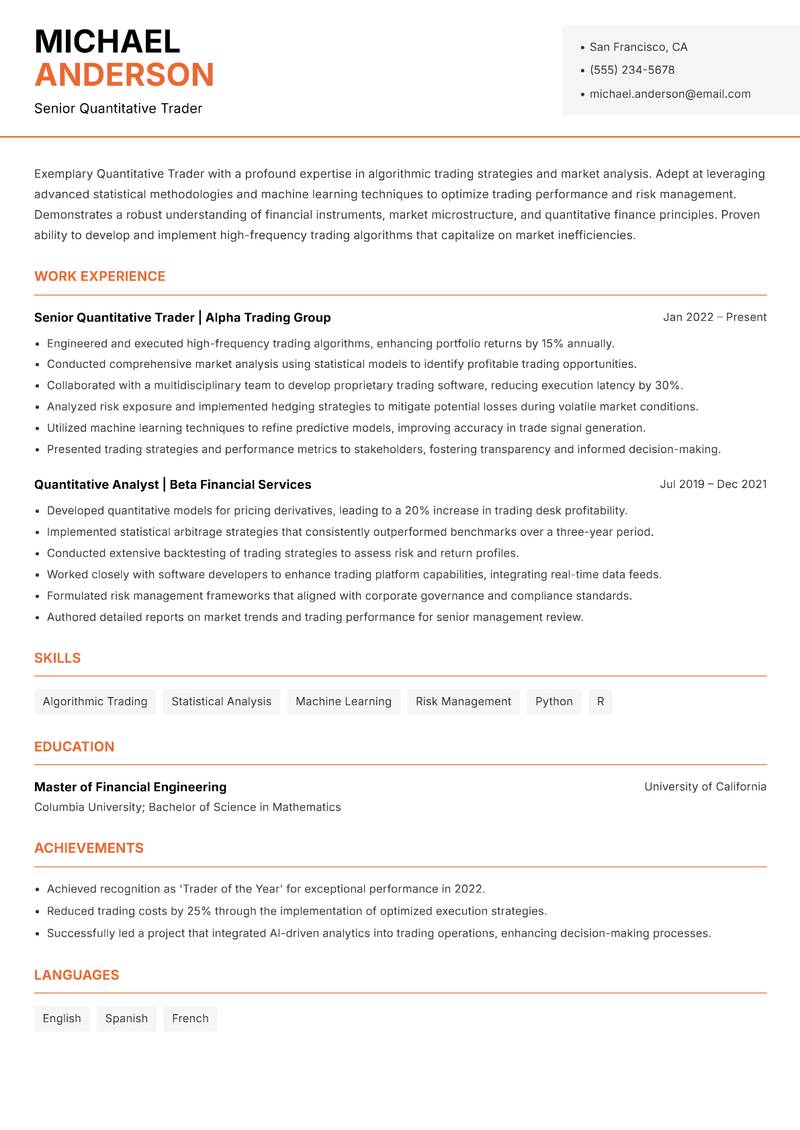Quant Trader resume template — Modern Professional