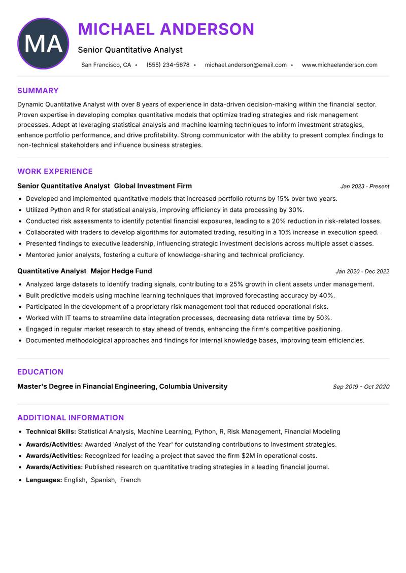 Quantitative Analyst resume example — ATS-friendly template