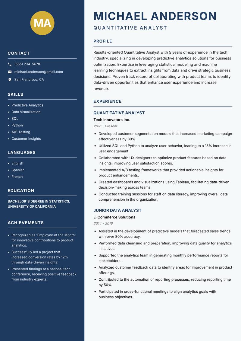 Quantitative Analyst resume template — Classic Clean