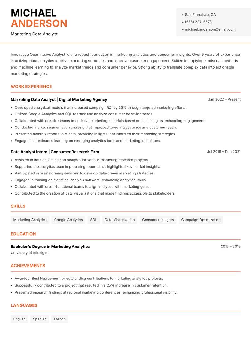 Quantitative Analyst resume template — Modern Professional