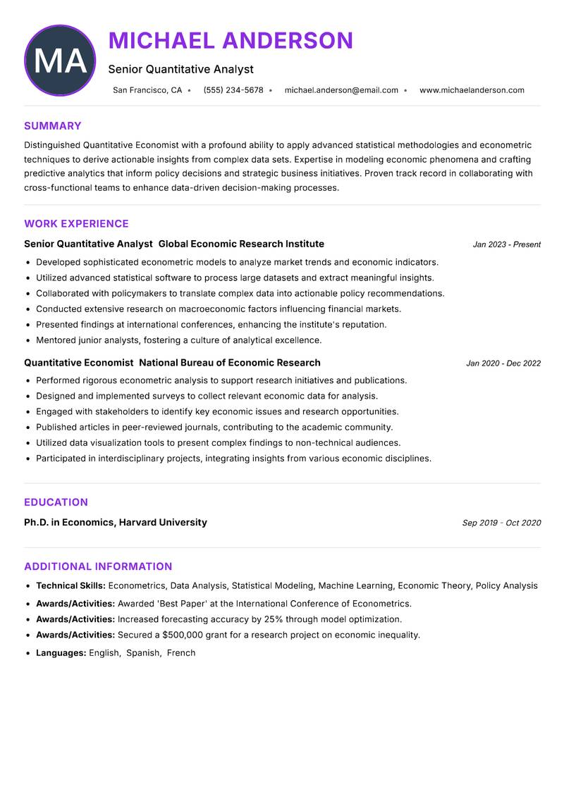 Quantitative Economist resume example — ATS-friendly template
