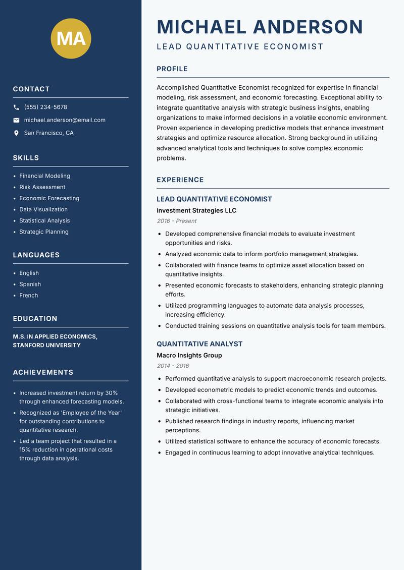 Quantitative Economist resume template — Classic Clean